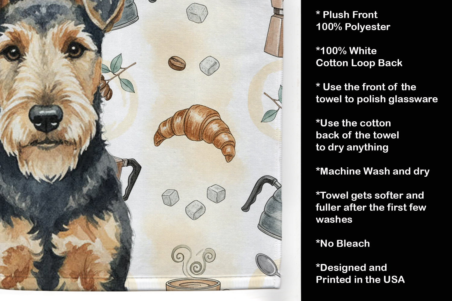 Welsh Terrier Coffee Bar Kitchen Towel Velour Plush Front and Cotton Loop Back Machine Washable