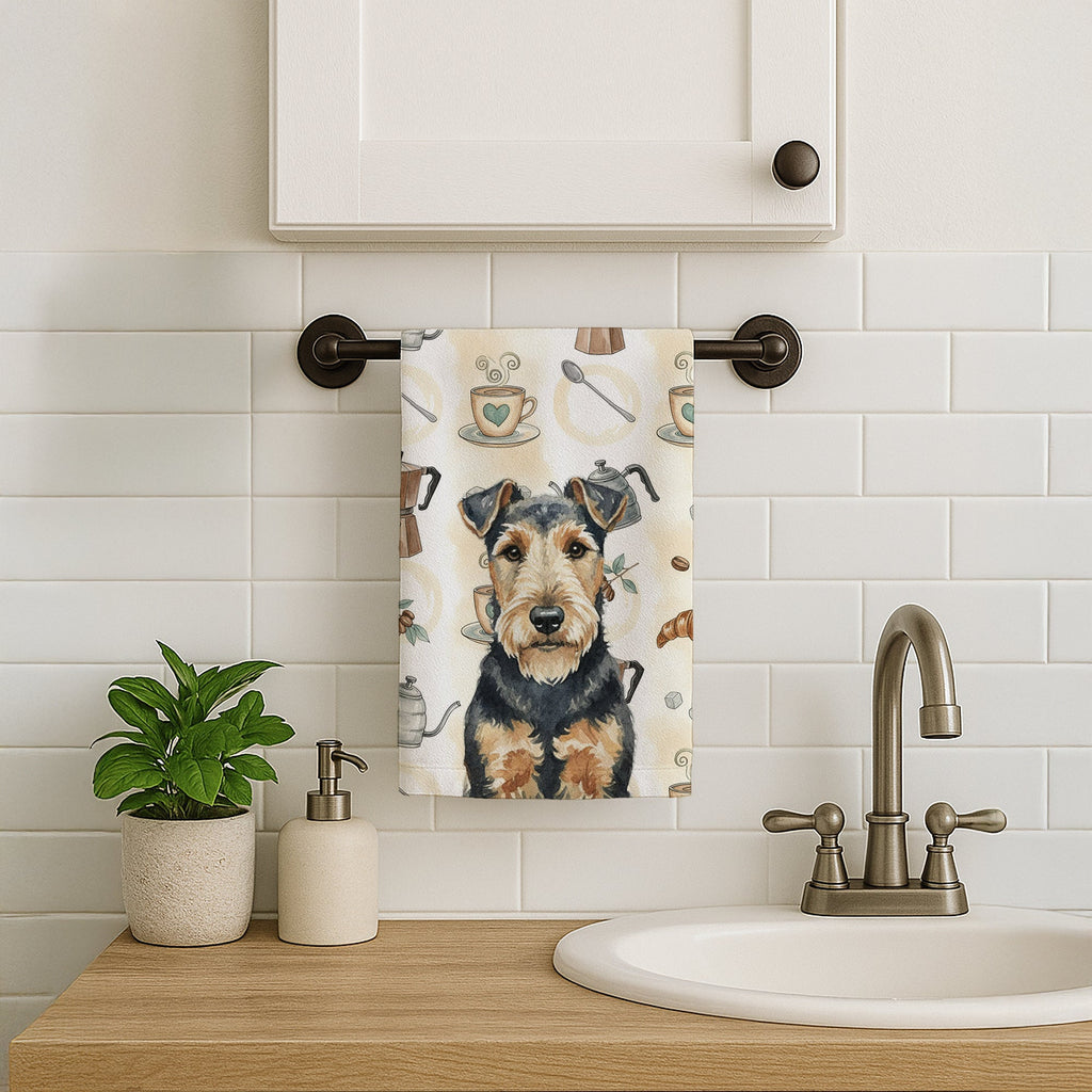 Welsh Terrier Coffee Bar Kitchen Towel Velour Plush Front and Cotton Loop Back Machine Washable