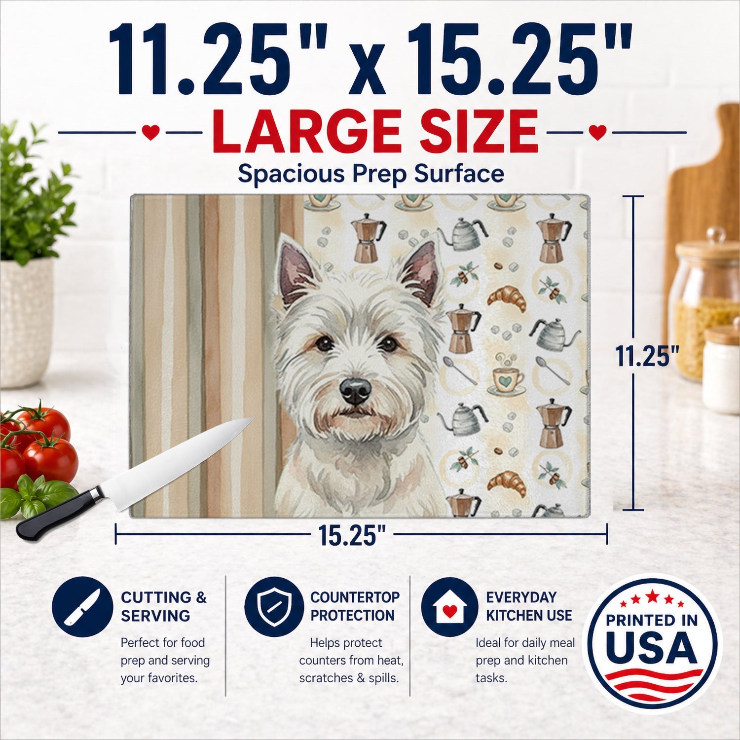 Westie Coffee Bar Cutting Board Tempered Glass Kitchen Cutting Surface, Heat Resistant Chopping, Non-Slip Feet, Food Prep & Serving