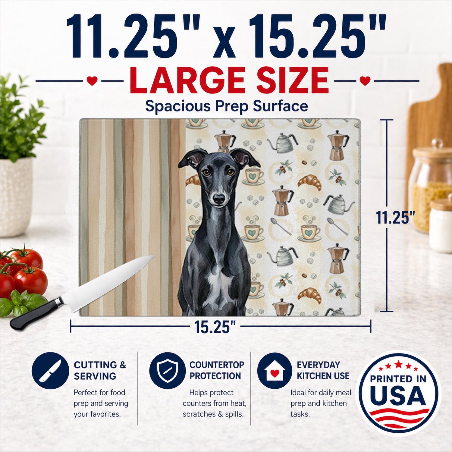 Black Whippet Coffee Bar Cutting Board Tempered Glass Kitchen Cutting Surface, Heat Resistant Chopping, Non-Slip Feet, Food Prep & Serving