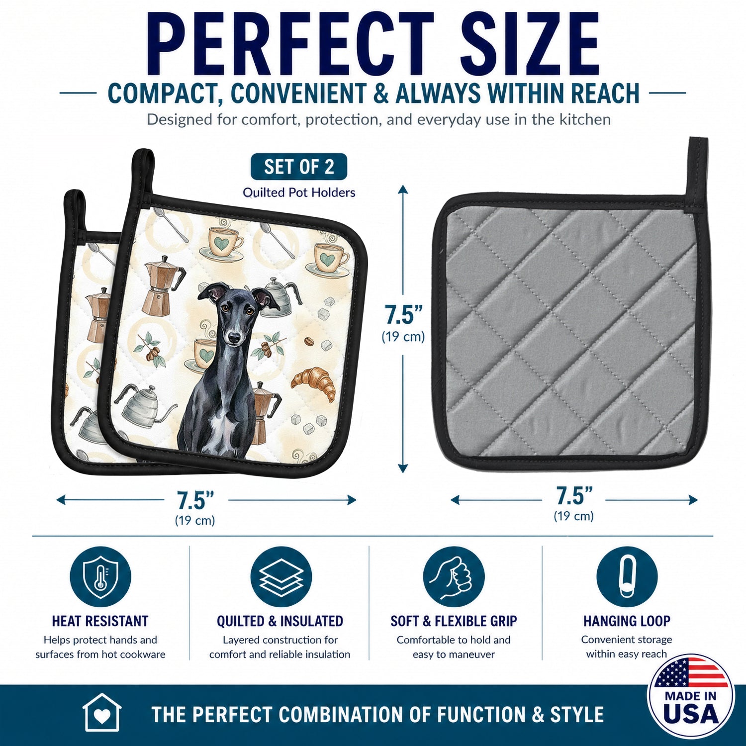 Black Whippet Coffee Bar Pot Holder Set of 2 Heat Resistant Quilted Hot Pads 7.5 x 7.5 Inch, Insulated Kitchen Trivets for Cooking & Baking
