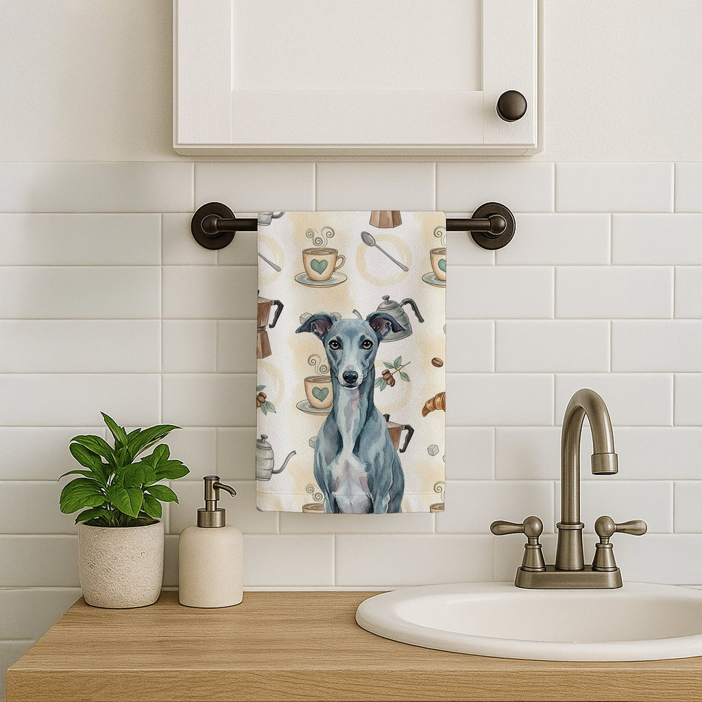 Blue Whippet Coffee Bar Kitchen Towel Velour Plush Front and Cotton Loop Back Machine Washable