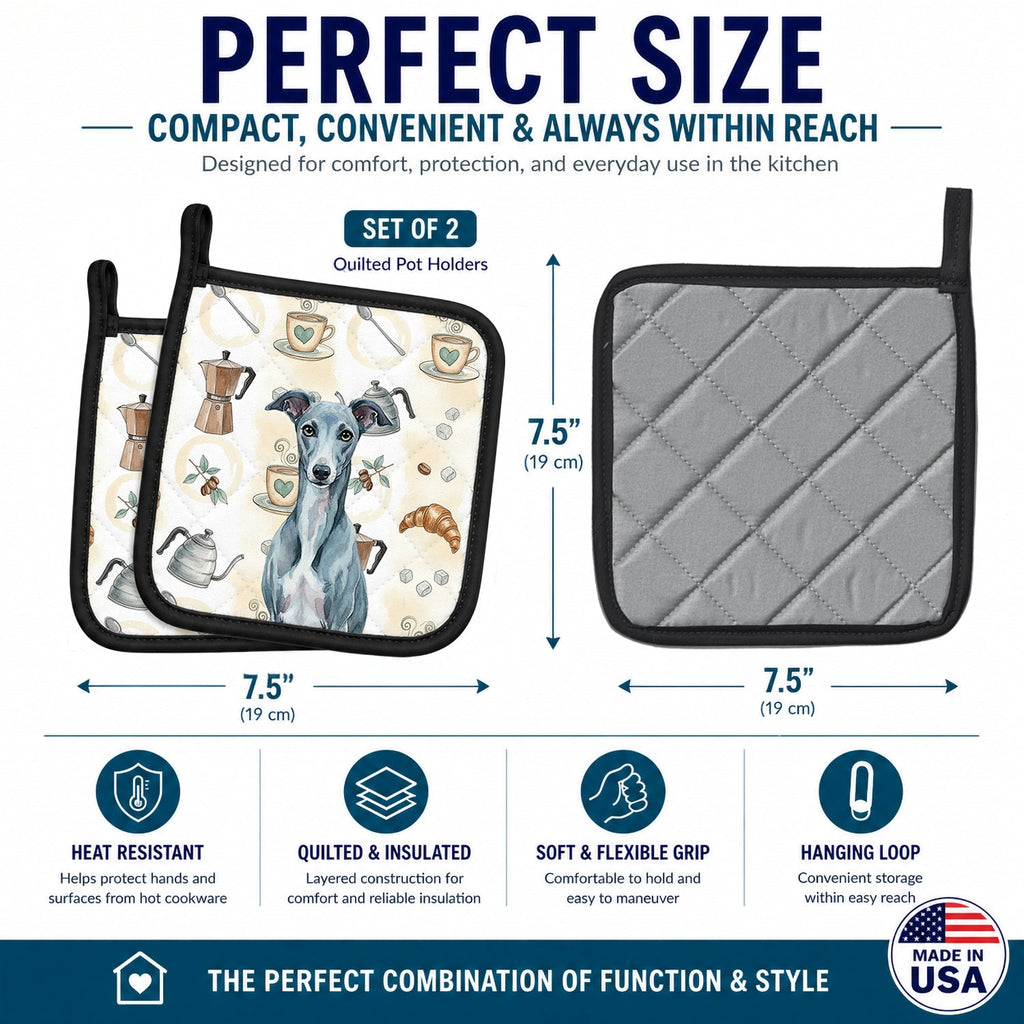 Blue Whippet Coffee Bar Pot Holder Set of 2 Heat Resistant Quilted Hot Pads 7.5 x 7.5 Inch, Insulated Kitchen Trivets for Cooking & Baking