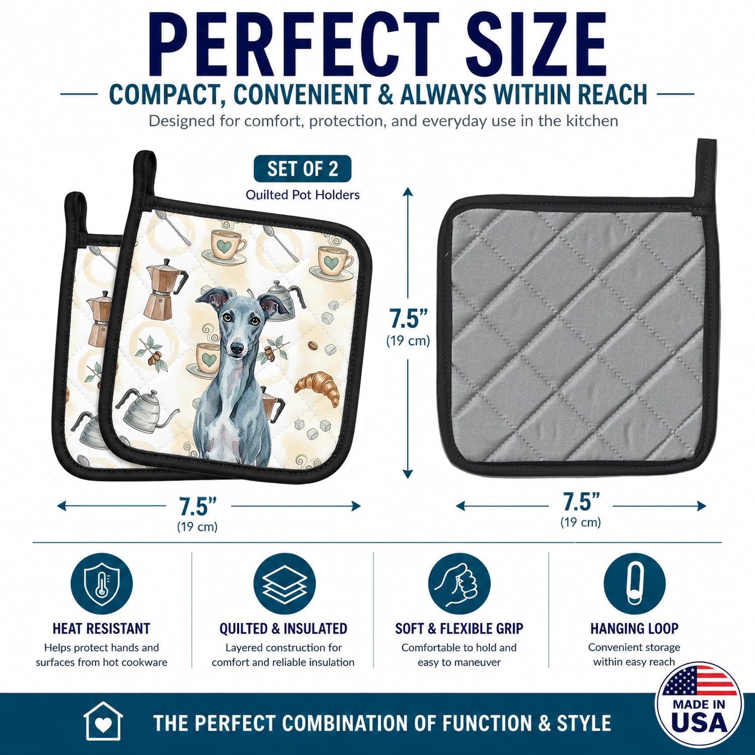 Blue Whippet Coffee Bar Pot Holder Set of 2 Heat Resistant Quilted Hot Pads 7.5 x 7.5 Inch, Insulated Kitchen Trivets for Cooking & Baking
