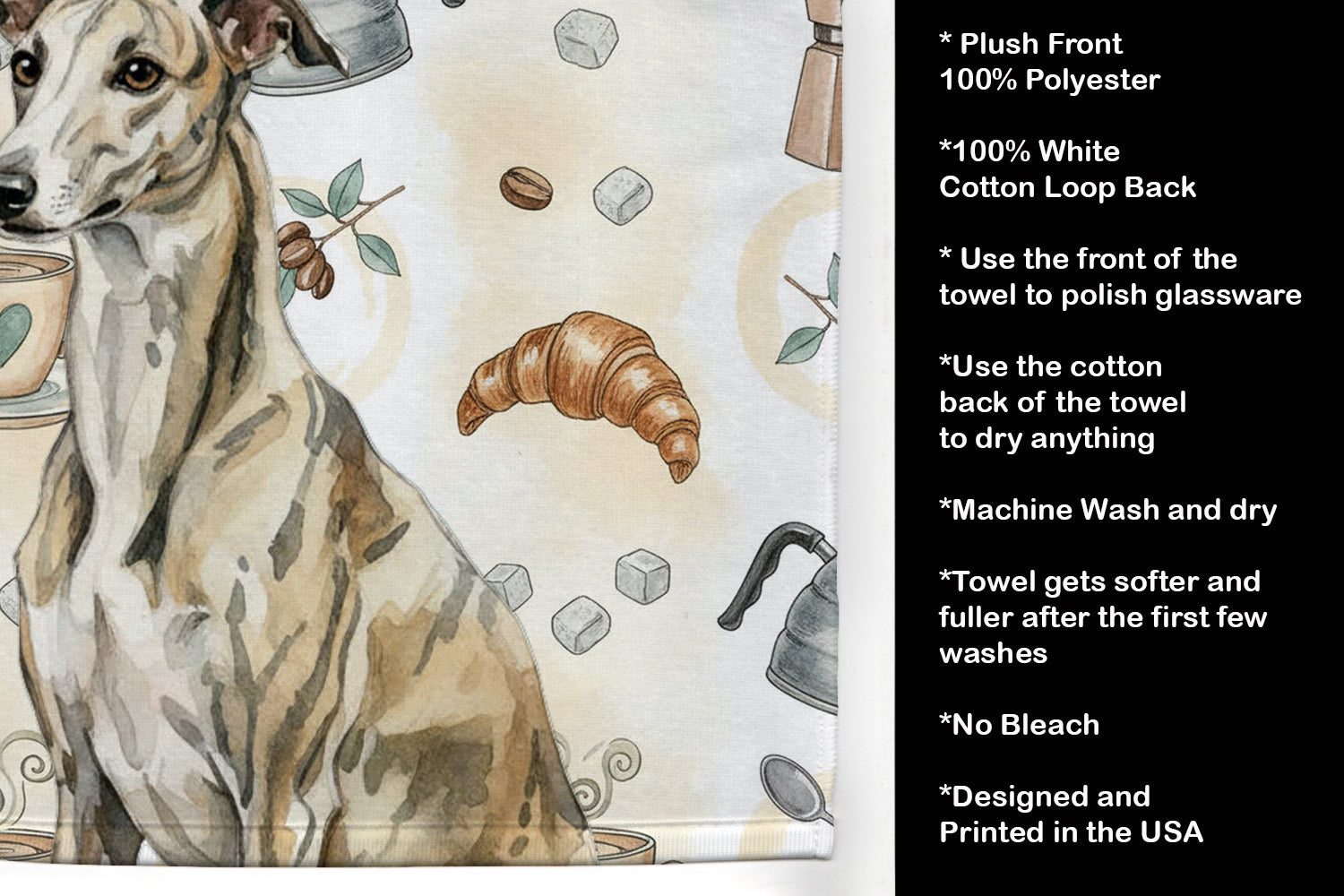 Brindle Whippet Coffee Bar Kitchen Towel Velour Plush Front and Cotton Loop Back Machine Washable