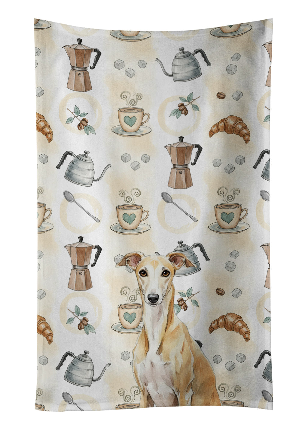 Fawn Whippet Coffee Bar Kitchen Towel Velour Plush Front and Cotton Loop Back Machine Washable