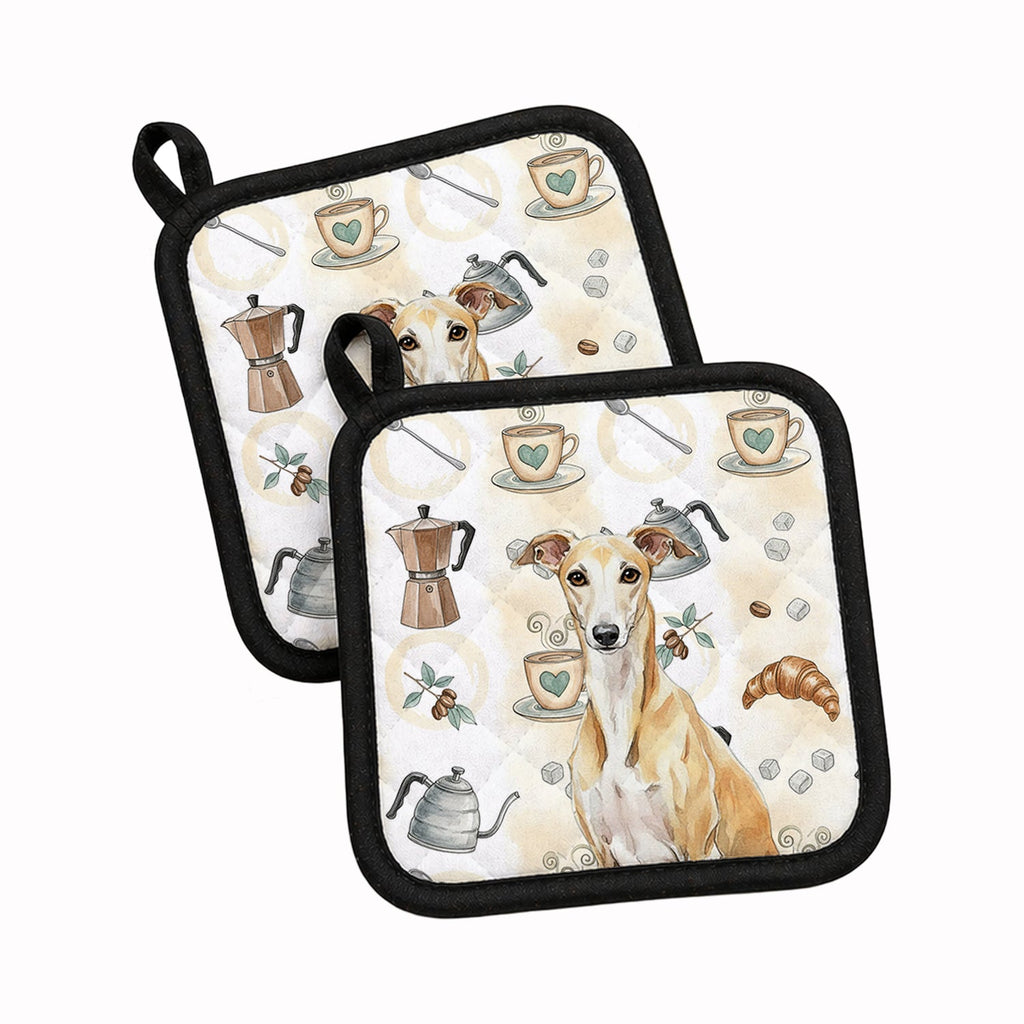 Fawn Whippet Coffee Bar Pot Holder Set of 2 Heat Resistant Quilted Hot Pads 7.5 x 7.5 Inch, Insulated Kitchen Trivets for Cooking & Baking