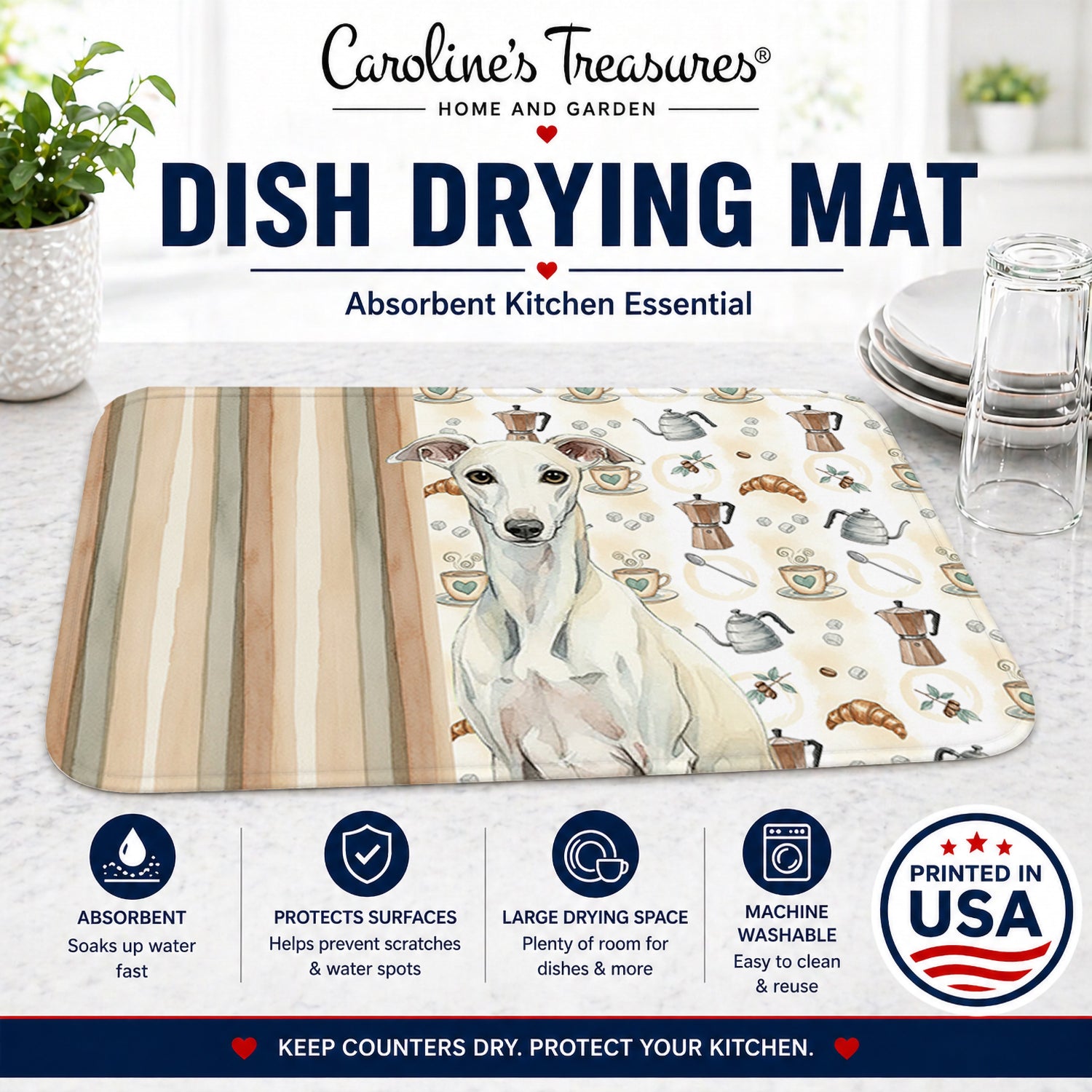 White Whippet Coffee Bar Dish Drying Mat Absorbent Dish Drying Mat Pad for Kitchen Counter Dish Drainer Mat for Countertop, 14 x 21", Multicolor
