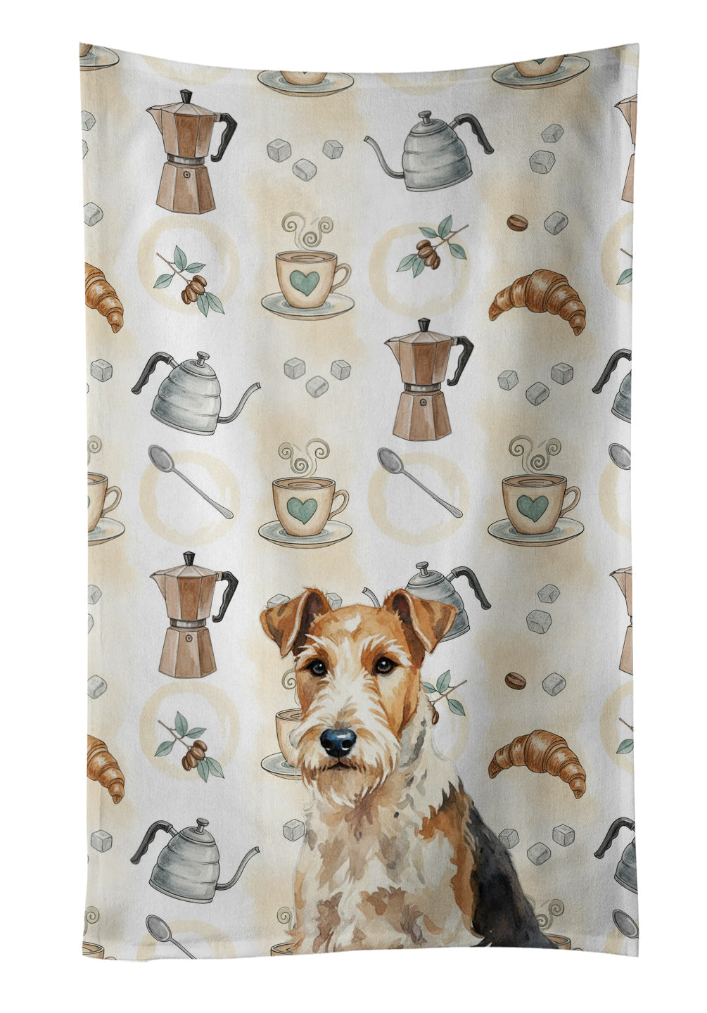 Wire Fox Terrier Coffee Bar Kitchen Towel Velour Plush Front and Cotton Loop Back Machine Washable