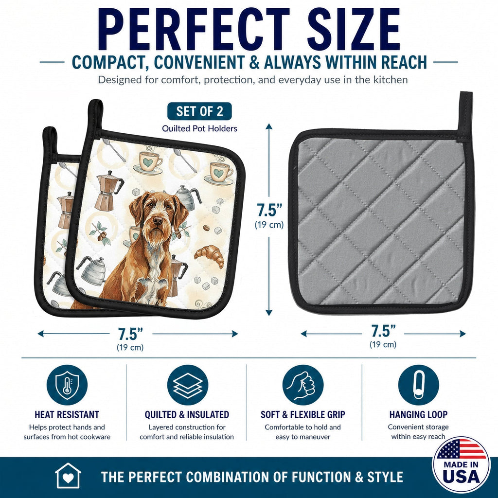 Wirehaired Pointing Griffon Coffee Bar Pot Holder Set of 2 Heat Resistant Quilted Hot Pads 7.5 x 7.5 Inch, Insulated Kitchen Trivets for Cooking & Baking