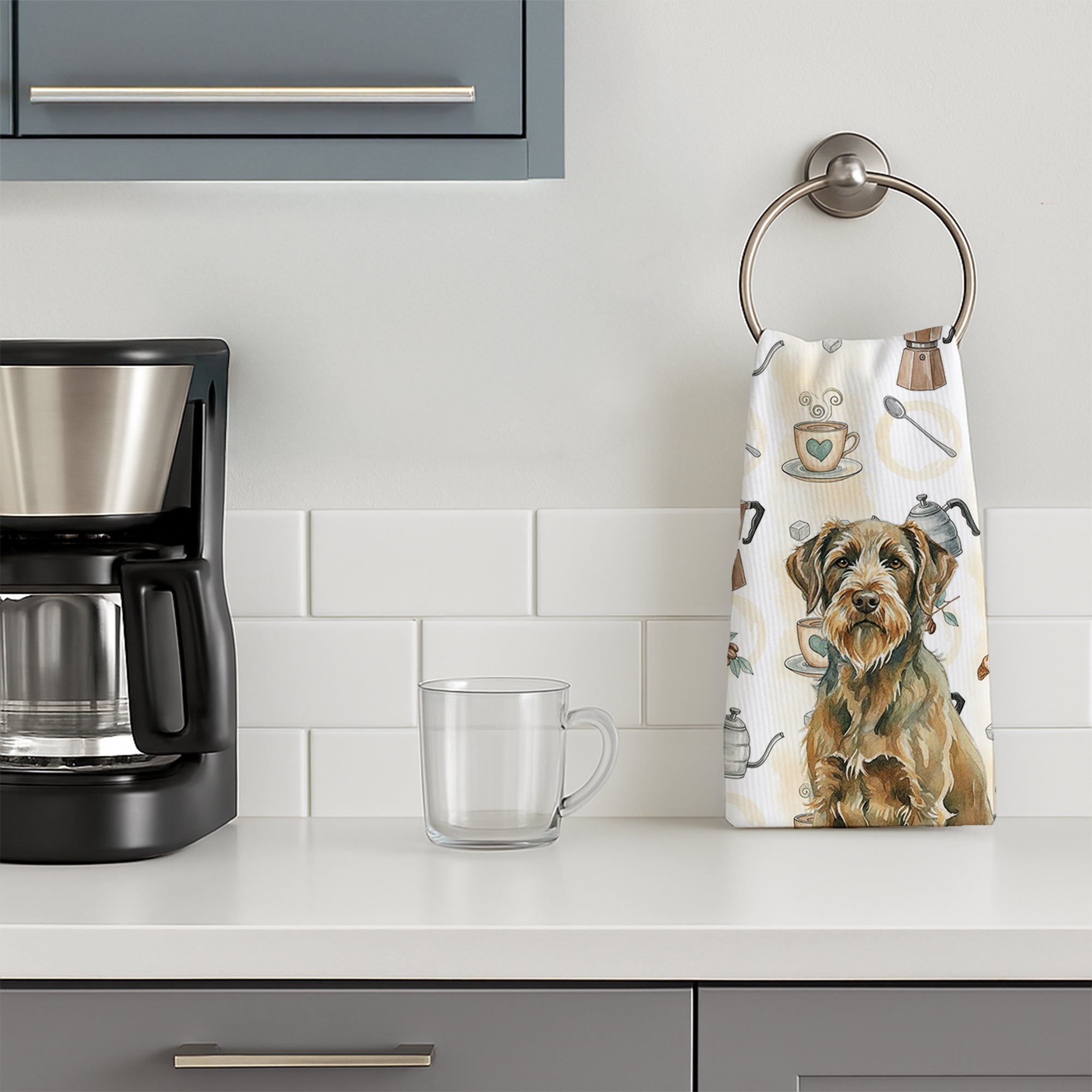 Chestnut Wirehaired Pointing Griffon Coffee Bar Kitchen Towel Velour Plush Front and Cotton Loop Back Machine Washable