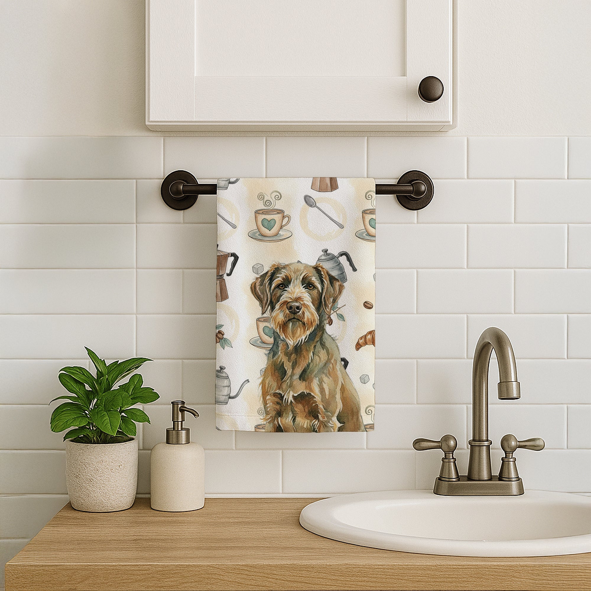 Chestnut Wirehaired Pointing Griffon Coffee Bar Kitchen Towel Velour Plush Front and Cotton Loop Back Machine Washable