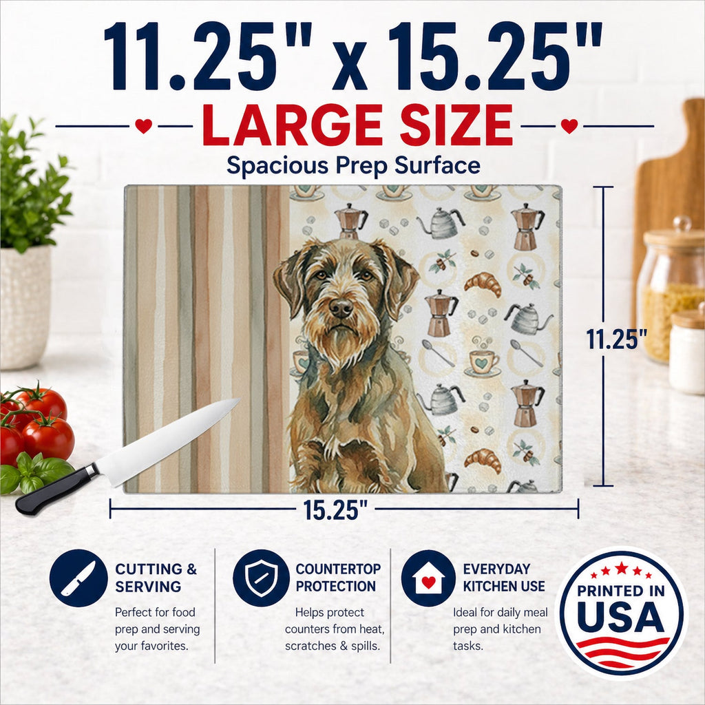 Chestnut Wirehaired Pointing Griffon Coffee Bar Cutting Board Tempered Glass Kitchen Cutting Surface, Heat Resistant Chopping, Non-Slip Feet, Food Prep & Serving