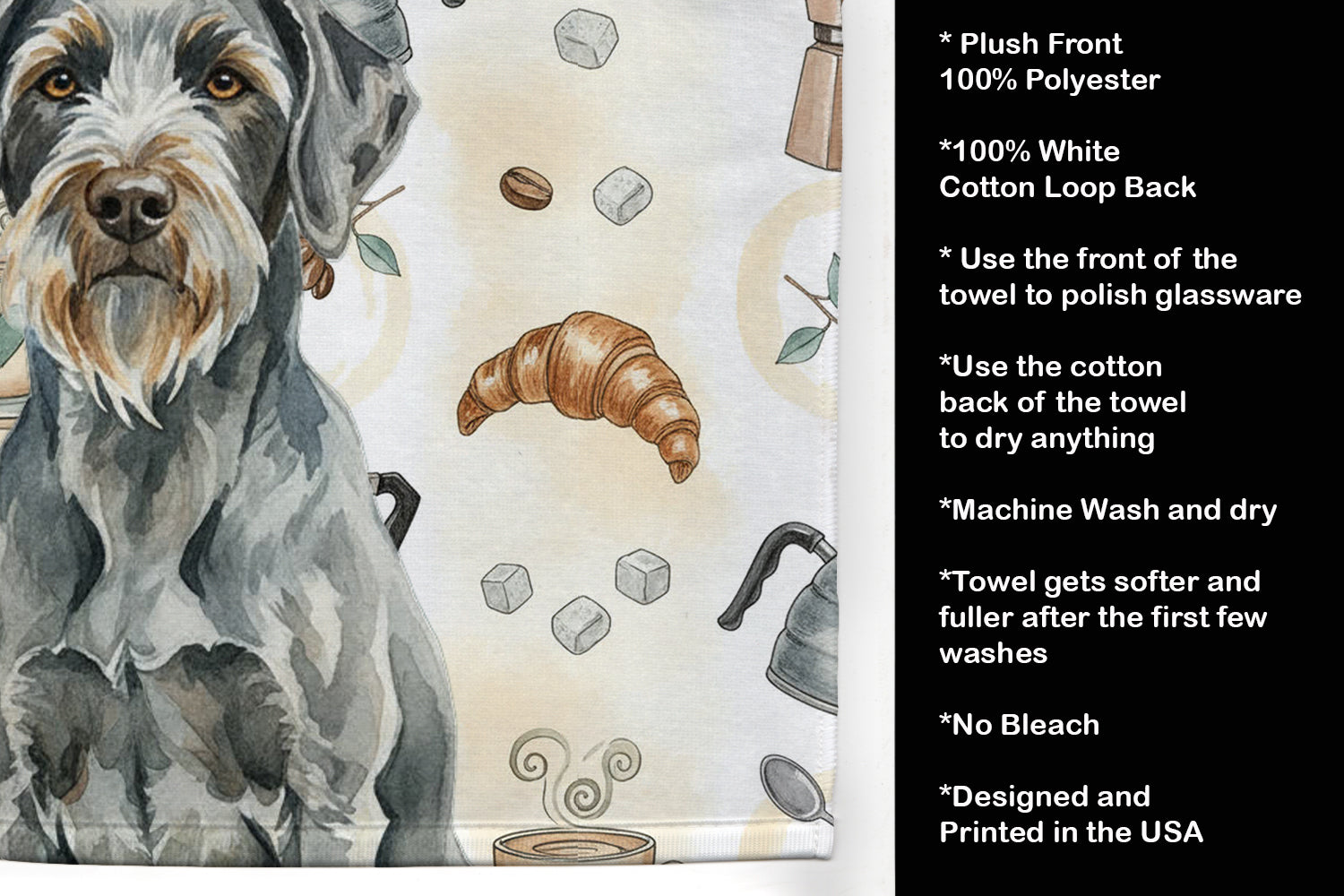 Steel Gray Wirehaired Pointing Griffon Coffee Bar Kitchen Towel Velour Plush Front and Cotton Loop Back Machine Washable