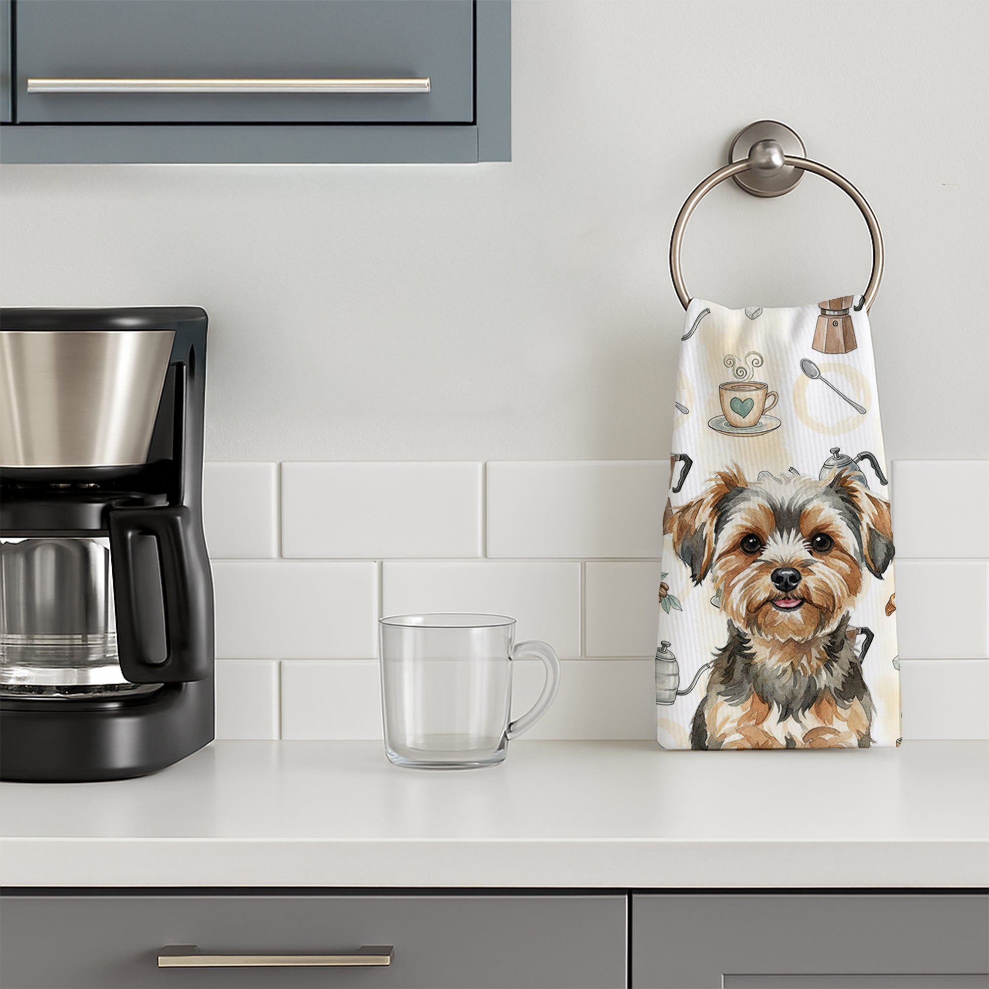 Yorkiepoo Coffee Bar Kitchen Towel Velour Plush Front and Cotton Loop Back Machine Washable
