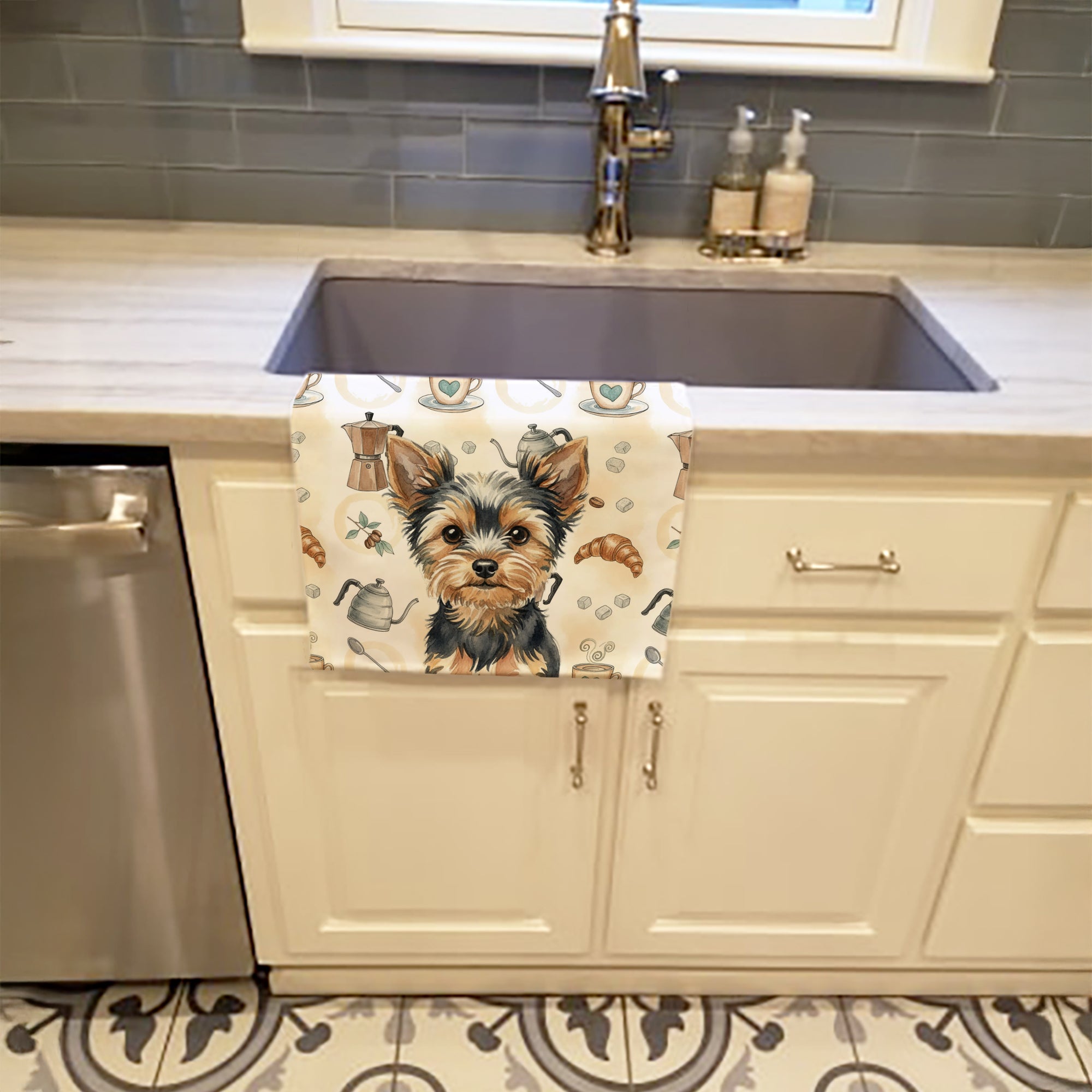 Black and Tan Yorkshire Terrier Coffee Bar Kitchen Towel Velour Plush Front and Cotton Loop Back Machine Washable