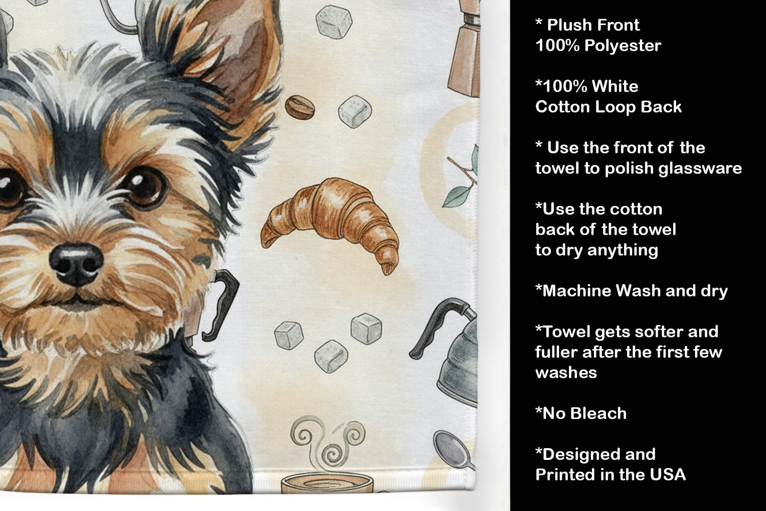 Black and Tan Yorkshire Terrier Coffee Bar Kitchen Towel Velour Plush Front and Cotton Loop Back Machine Washable
