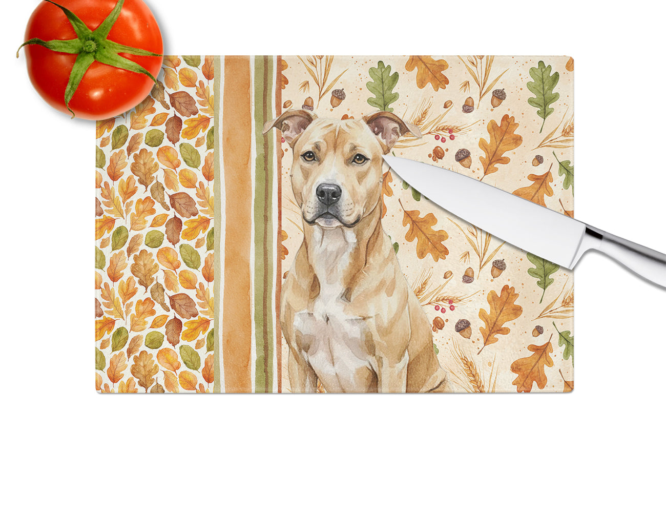 Fawn American Staffordshire Terrier Heirloom Fall Cutting Board Tempered Glass Kitchen Cutting Surface, Heat Resistant Chopping, Non-Slip Feet, Food Prep & Serving