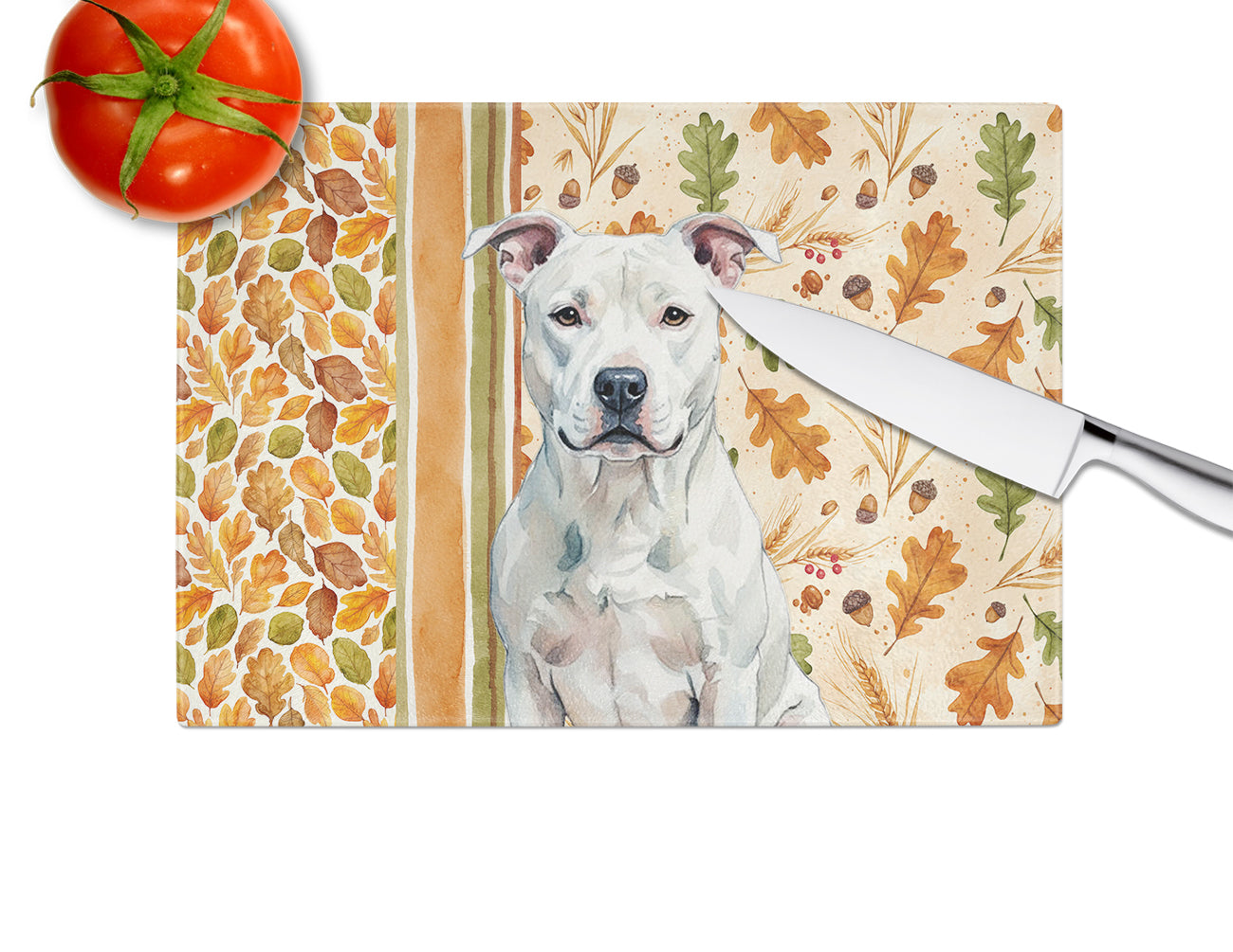 White American Staffordshire Terrier Heirloom Fall Cutting Board Tempered Glass Kitchen Cutting Surface, Heat Resistant Chopping, Non-Slip Feet, Food Prep & Serving