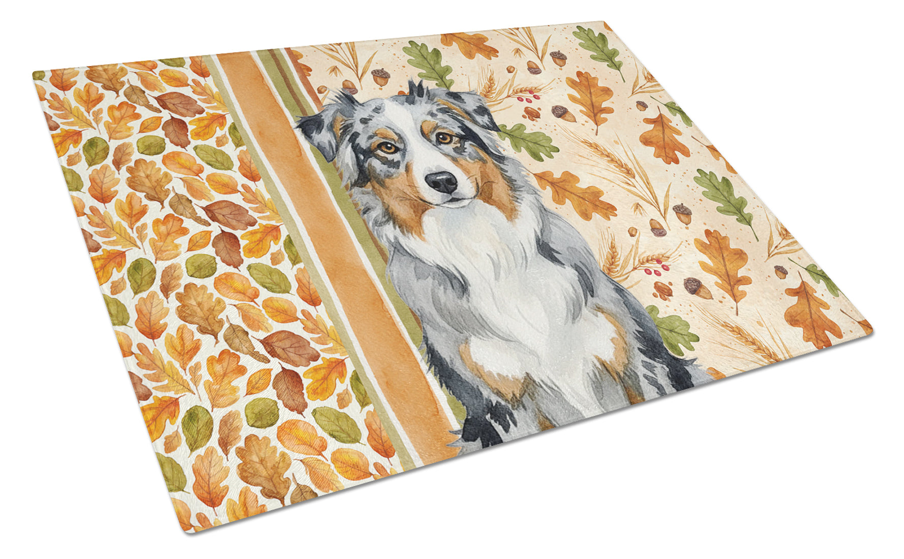 Blue Merle Australian Shepherd Heirloom Fall Cutting Board Tempered Glass Kitchen Cutting Surface, Heat Resistant Chopping, Non-Slip Feet, Food Prep & Serving