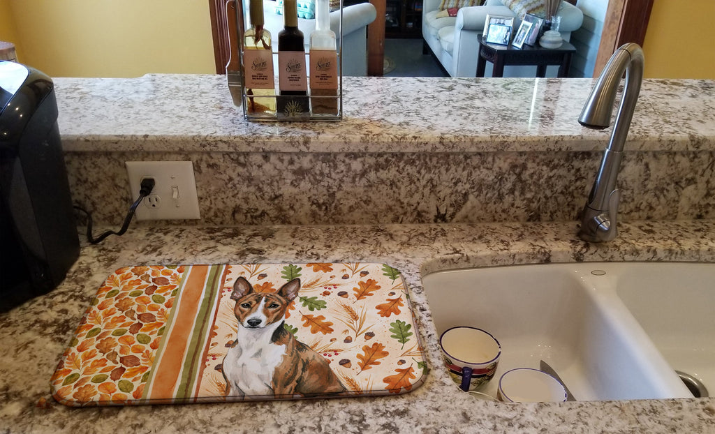 Brindle and White Basenji Heirloom Fall Dish Drying Mat Absorbent Dish Drying Mat Pad for Kitchen Counter Dish Drainer Mat for Countertop, 14 x 21", Multicolor
