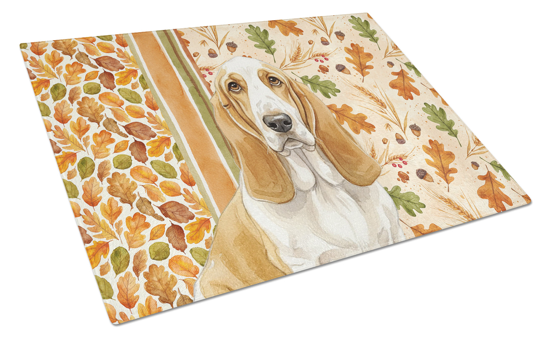 Lemon and White Basset Hound Heirloom Fall Cutting Board Tempered Glass Kitchen Cutting Surface, Heat Resistant Chopping, Non-Slip Feet, Food Prep & Serving