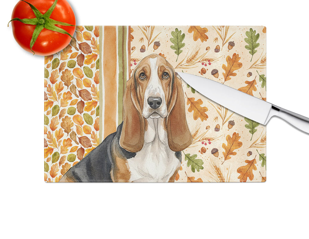 Tricolor and White Basset Hound Heirloom Fall Cutting Board Tempered Glass Kitchen Cutting Surface, Heat Resistant Chopping, Non-Slip Feet, Food Prep & Serving