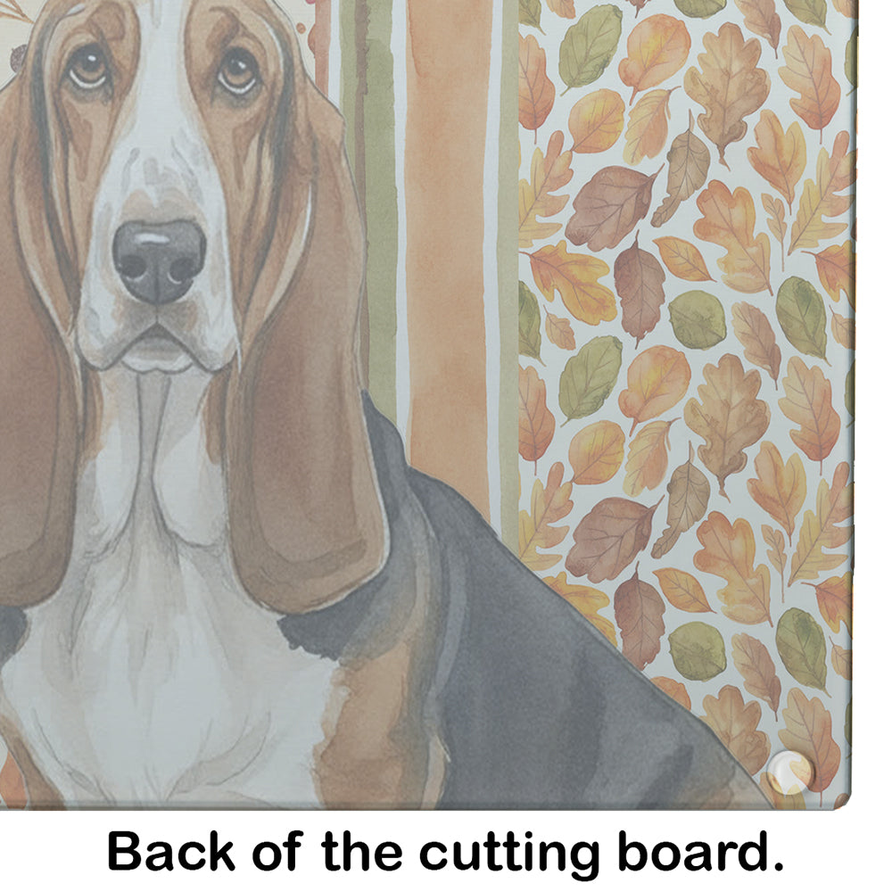 Tricolor and White Basset Hound Heirloom Fall Cutting Board Tempered Glass Kitchen Cutting Surface, Heat Resistant Chopping, Non-Slip Feet, Food Prep & Serving