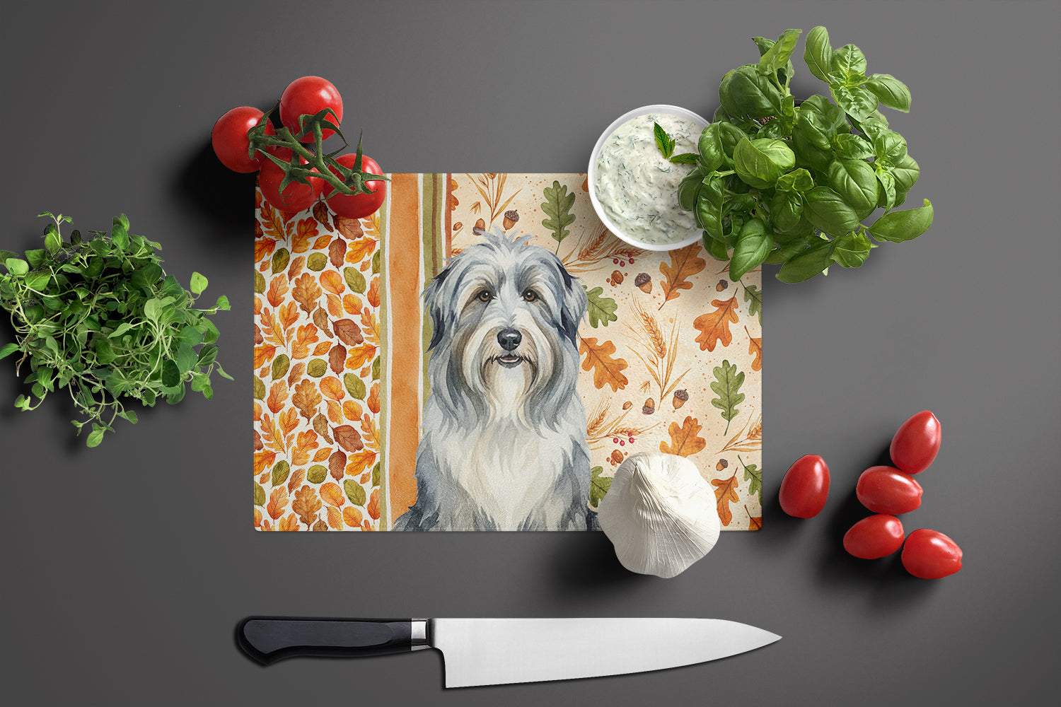 Bearded Collie Heirloom Fall Cutting Board Tempered Glass Kitchen Cutting Surface, Heat Resistant Chopping, Non-Slip Feet, Food Prep & Serving