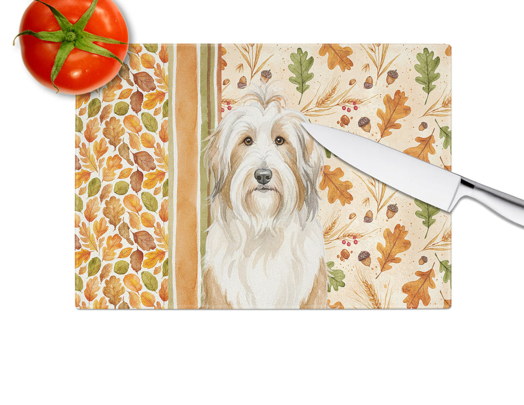 White and Tan Bearded Collie Heirloom Fall Cutting Board Tempered Glass Kitchen Cutting Surface, Heat Resistant Chopping, Non-Slip Feet, Food Prep & Serving
