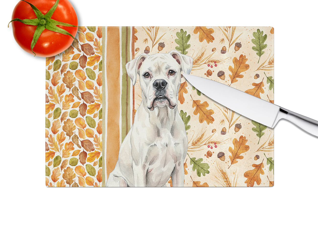 White Boxer Heirloom Fall Cutting Board Tempered Glass Kitchen Cutting Surface, Heat Resistant Chopping, Non-Slip Feet, Food Prep & Serving
