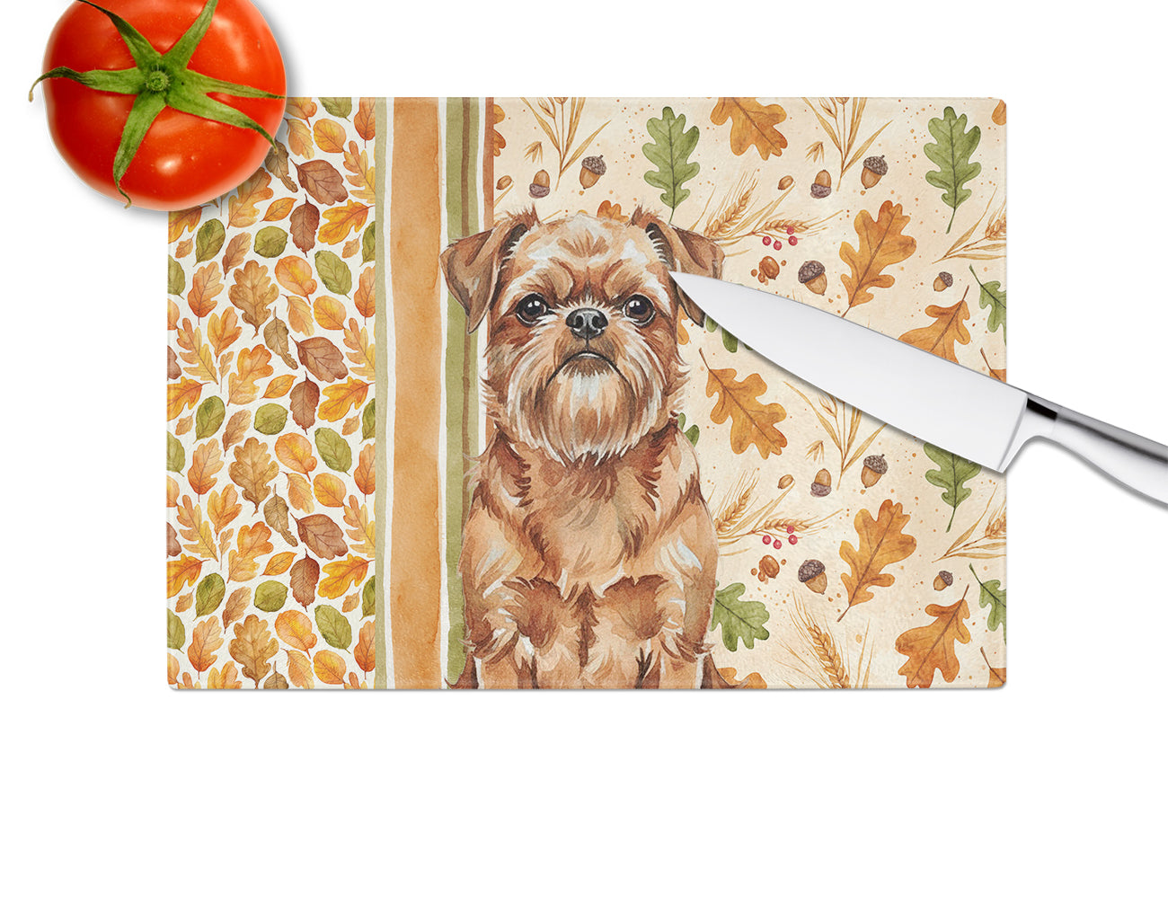 Red Brussels Griffon Heirloom Fall Cutting Board Tempered Glass Kitchen Cutting Surface, Heat Resistant Chopping, Non-Slip Feet, Food Prep & Serving
