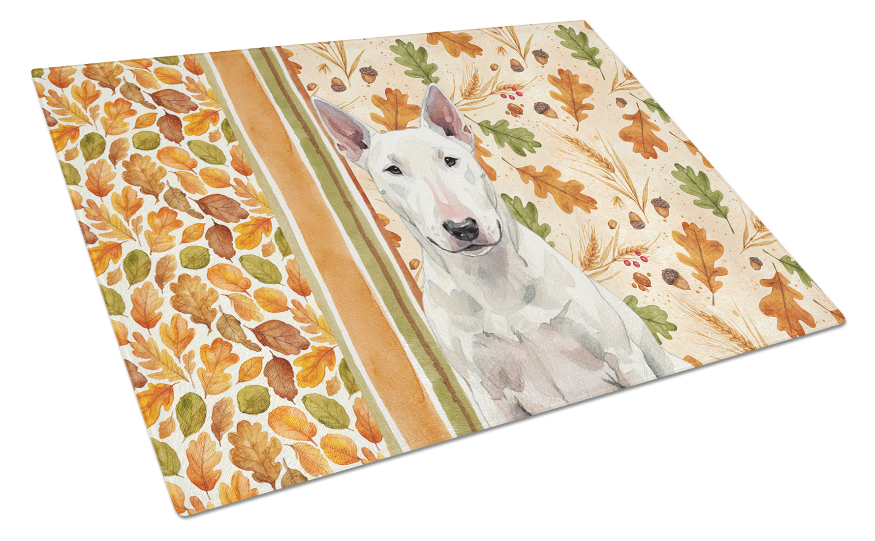 White Bull Terrier Heirloom Fall Cutting Board Tempered Glass Kitchen Cutting Surface, Heat Resistant Chopping, Non-Slip Feet, Food Prep & Serving