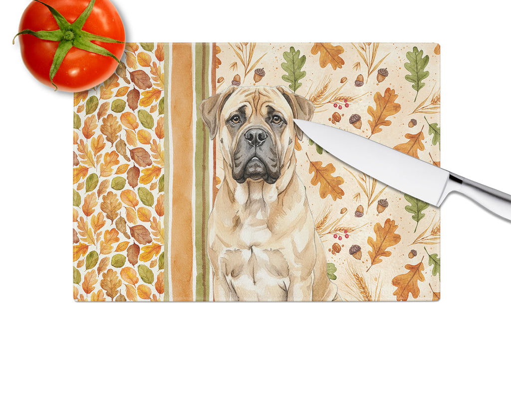 Bullmastiff Heirloom Fall Cutting Board Tempered Glass Kitchen Cutting Surface, Heat Resistant Chopping, Non-Slip Feet, Food Prep & Serving