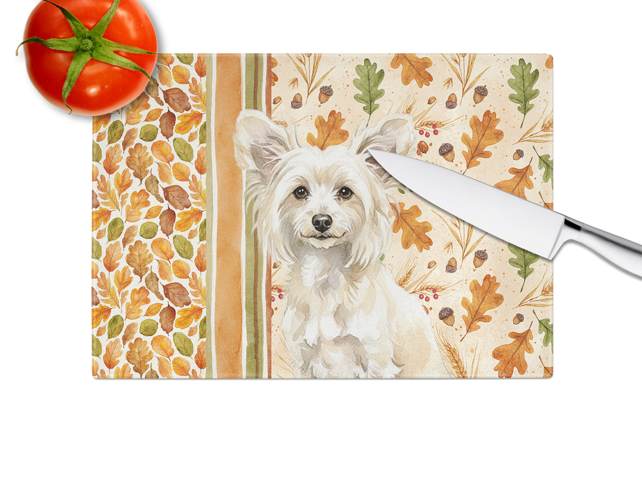 Powderpuff Chinese Crested Heirloom Fall Cutting Board Tempered Glass Kitchen Cutting Surface, Heat Resistant Chopping, Non-Slip Feet, Food Prep & Serving