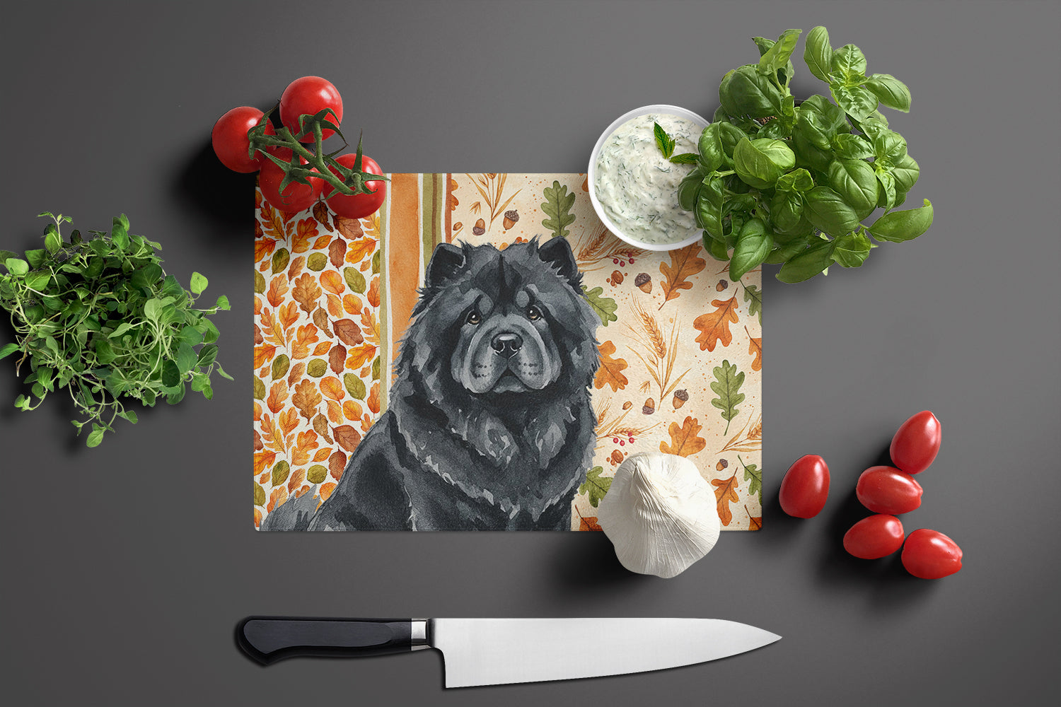Black Chow Chow Heirloom Fall Cutting Board Tempered Glass Kitchen Cutting Surface, Heat Resistant Chopping, Non-Slip Feet, Food Prep & Serving