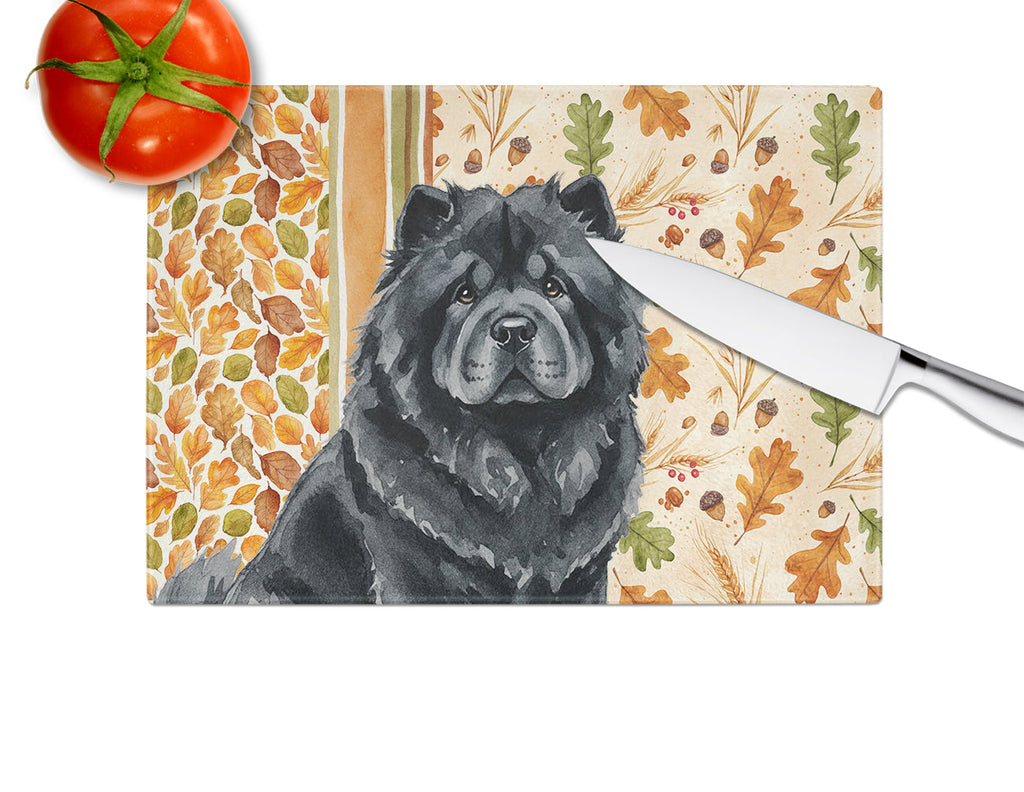 Black Chow Chow Heirloom Fall Cutting Board Tempered Glass Kitchen Cutting Surface, Heat Resistant Chopping, Non-Slip Feet, Food Prep & Serving