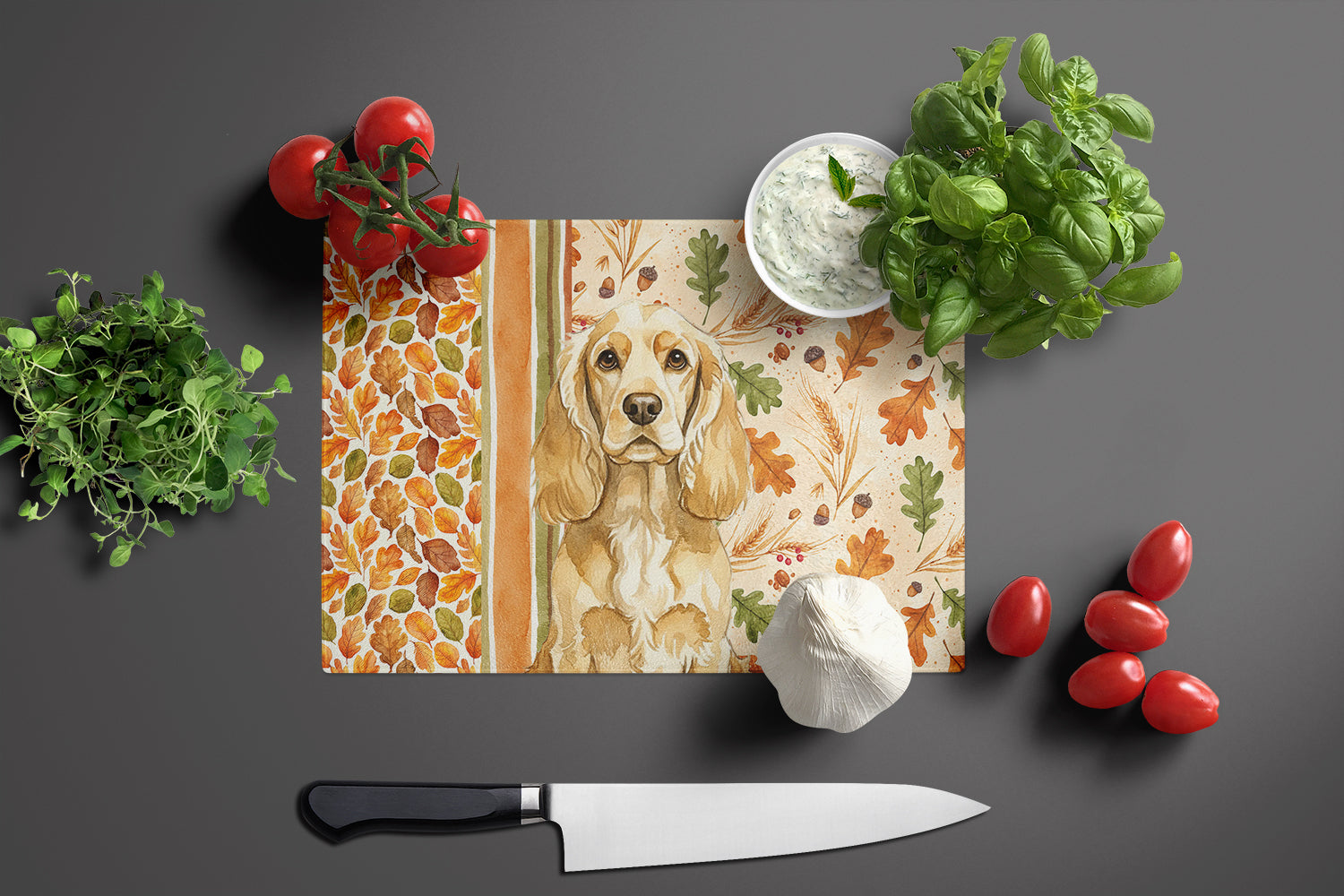Buff Cocker Spaniel Heirloom Fall Cutting Board Tempered Glass Kitchen Cutting Surface, Heat Resistant Chopping, Non-Slip Feet, Food Prep & Serving
