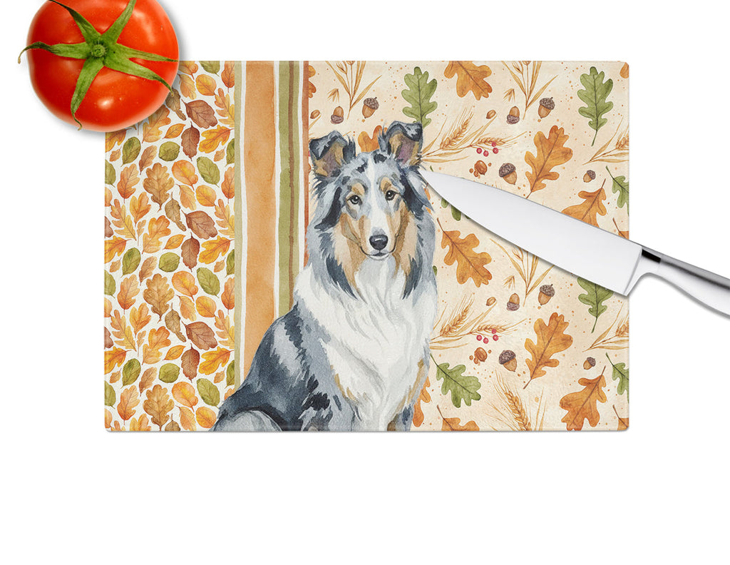 Blue Merle Collie Heirloom Fall Cutting Board Tempered Glass Kitchen Cutting Surface, Heat Resistant Chopping, Non-Slip Feet, Food Prep & Serving