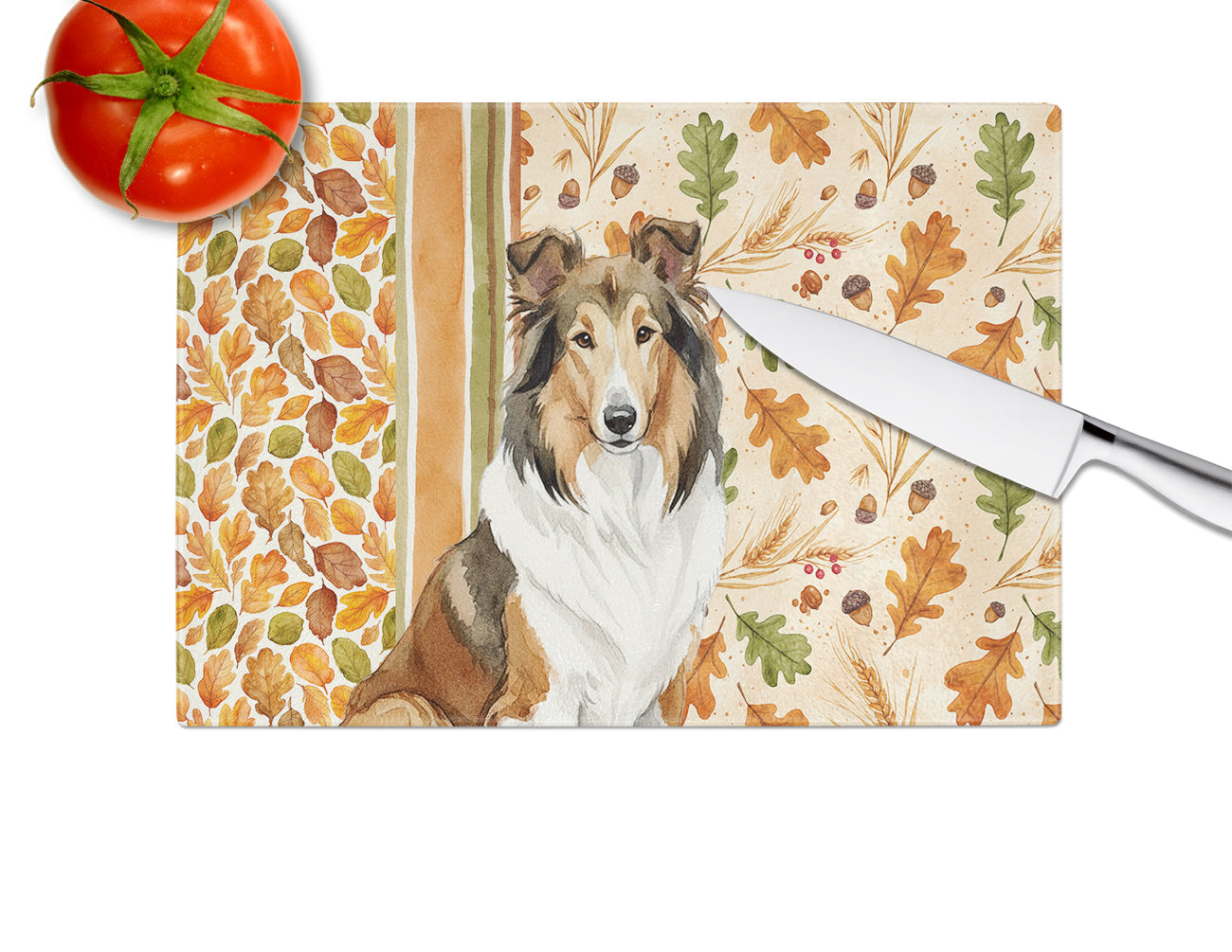 Sable Collie Heirloom Fall Cutting Board Tempered Glass Kitchen Cutting Surface, Heat Resistant Chopping, Non-Slip Feet, Food Prep & Serving
