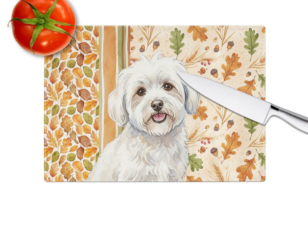 Coton de Tulear Heirloom Fall Cutting Board Tempered Glass Kitchen Cutting Surface, Heat Resistant Chopping, Non-Slip Feet, Food Prep & Serving