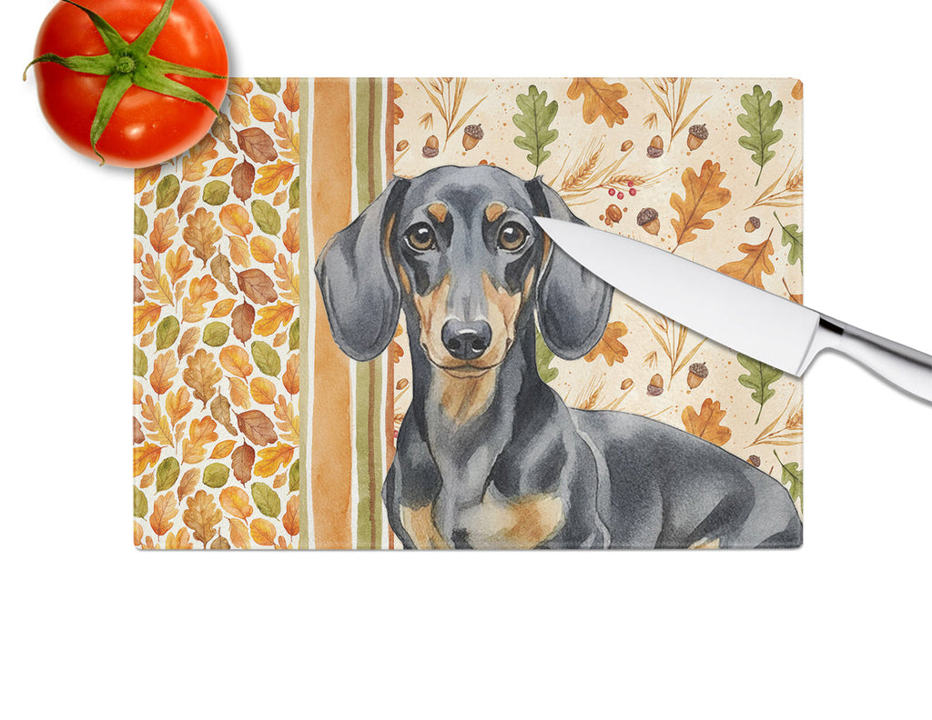 Black and Tan Dachshund Heirloom Fall Cutting Board Tempered Glass Kitchen Cutting Surface, Heat Resistant Chopping, Non-Slip Feet, Food Prep & Serving