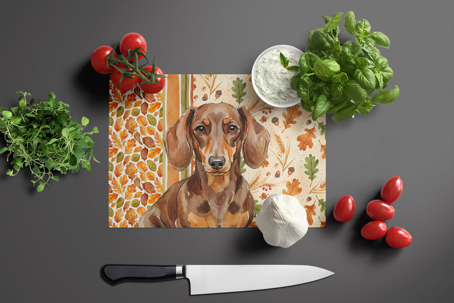 Chocolate and Tan Dachshund Heirloom Fall Cutting Board Tempered Glass Kitchen Cutting Surface, Heat Resistant Chopping, Non-Slip Feet, Food Prep & Serving