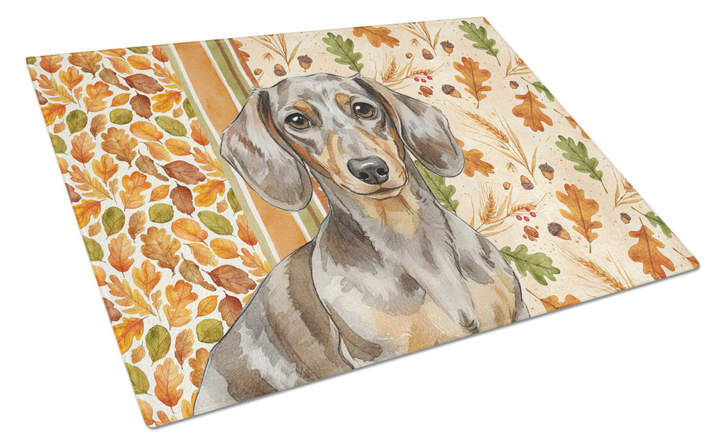 Dapple Dachshund Heirloom Fall Cutting Board Tempered Glass Kitchen Cutting Surface, Heat Resistant Chopping, Non-Slip Feet, Food Prep & Serving