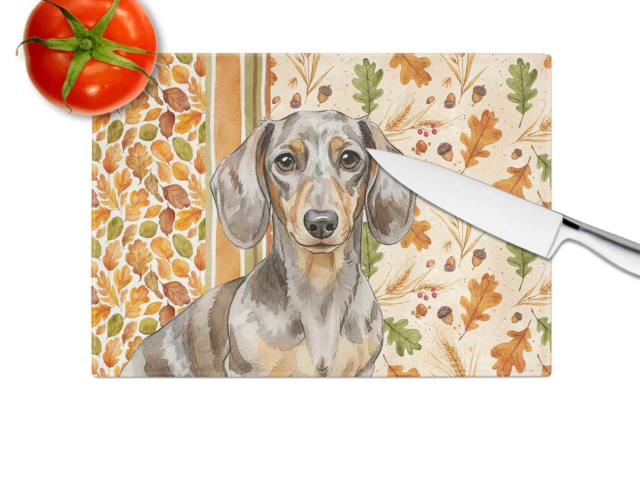 Dapple Dachshund Heirloom Fall Cutting Board Tempered Glass Kitchen Cutting Surface, Heat Resistant Chopping, Non-Slip Feet, Food Prep & Serving