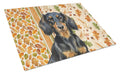 Longhaired Black and Tan Dachshund Heirloom Fall Cutting Board Tempered Glass Kitchen Cutting Surface, Heat Resistant Chopping, Non-Slip Feet, Food Prep & Serving
