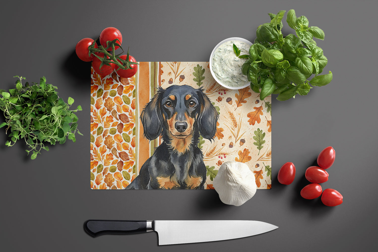 Longhaired Black and Tan Dachshund Heirloom Fall Cutting Board Tempered Glass Kitchen Cutting Surface, Heat Resistant Chopping, Non-Slip Feet, Food Prep & Serving