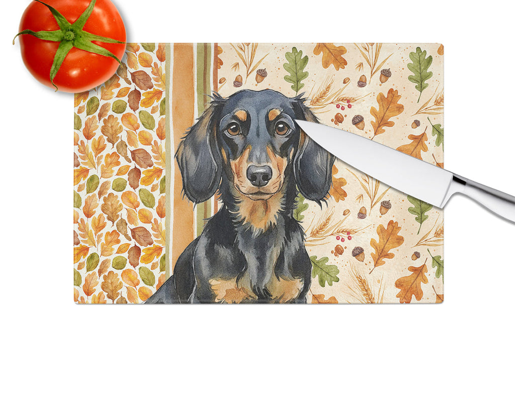 Longhaired Black and Tan Dachshund Heirloom Fall Cutting Board Tempered Glass Kitchen Cutting Surface, Heat Resistant Chopping, Non-Slip Feet, Food Prep & Serving