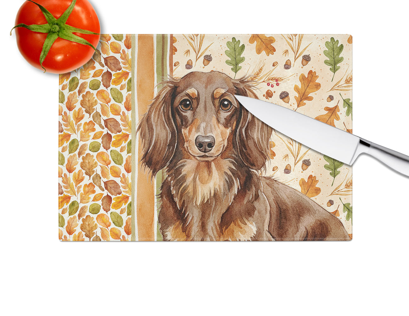 Longhaired Chocolate and Tan Dachshund Heirloom Fall Cutting Board Tempered Glass Kitchen Cutting Surface, Heat Resistant Chopping, Non-Slip Feet, Food Prep & Serving