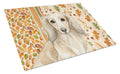 Longhaired Cream Dachshund Heirloom Fall Cutting Board Tempered Glass Kitchen Cutting Surface, Heat Resistant Chopping, Non-Slip Feet, Food Prep & Serving